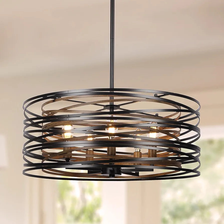 19.7'' Farmhouse Dining Room Light Fixture, 5-Light Metal Drum Chandelier, Black with Retro Wood Texture Interior