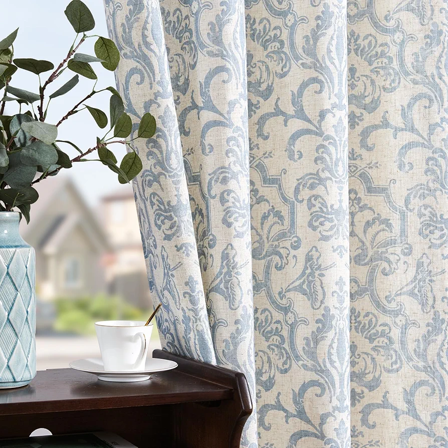 jinchan Linen Curtains for Bedroom Blue Curtains Damask Patterned 84 Inches Long for Living Room Light Filtering Vintage Curtains Baroque Style Drapes Grommet Window Treatments 2 Panels Set