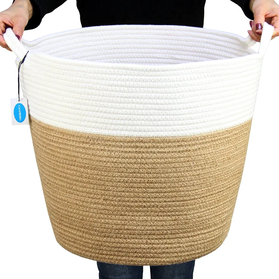 Casaphoria Natural Woven Cotton Rope Storage Basket,Jute Laundry Basket for Bedroom, for Organizing Towels Blanket Basket for Bathroom,Bicolor Round Blending Woven Hampe with Handles for Living Room