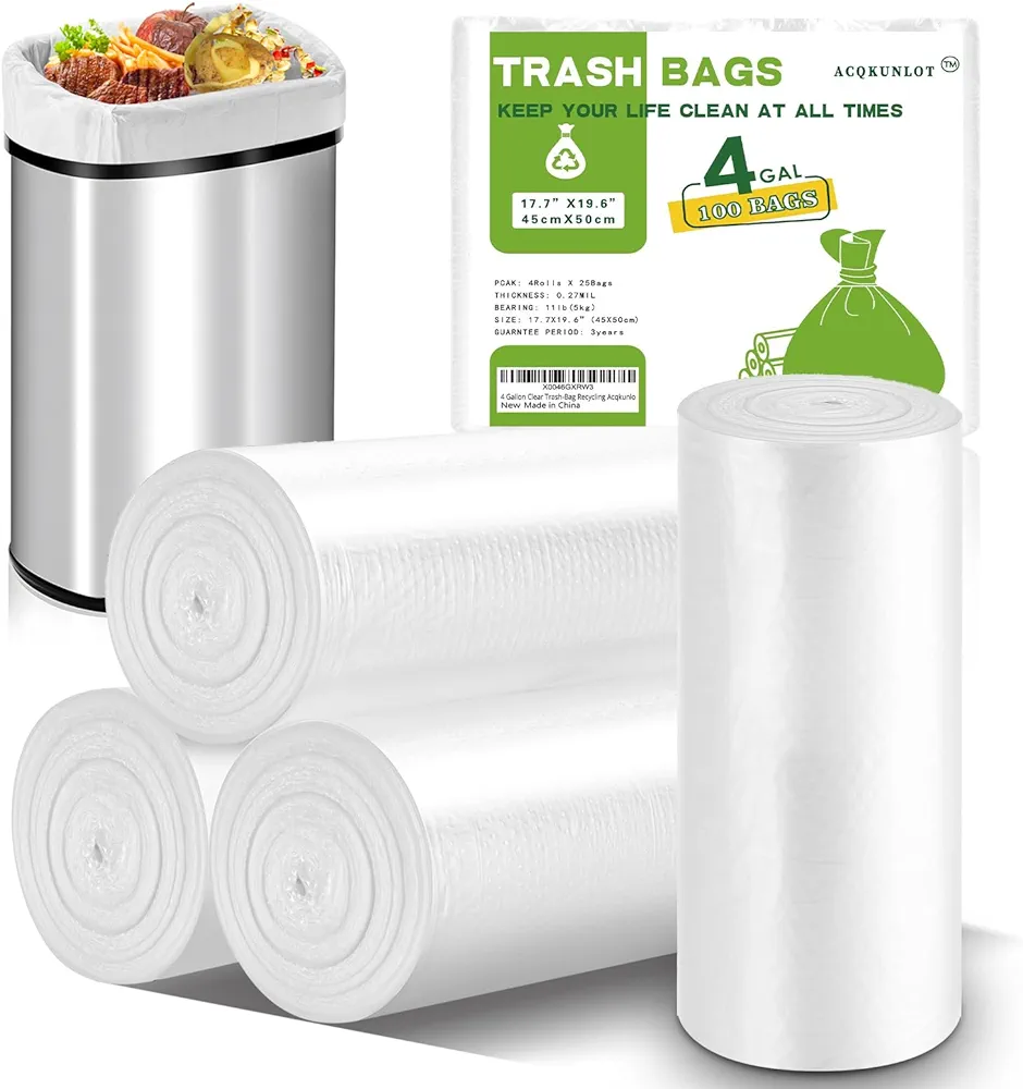 4 Gallon Clear Trash-Bag Small Garbage-Bags-Bathroom - Unscented Kitchen Plastic 100 Count Little Office Car Liners Tiny Waste Basket Strong Restroom Can Recycling Acqkunlo