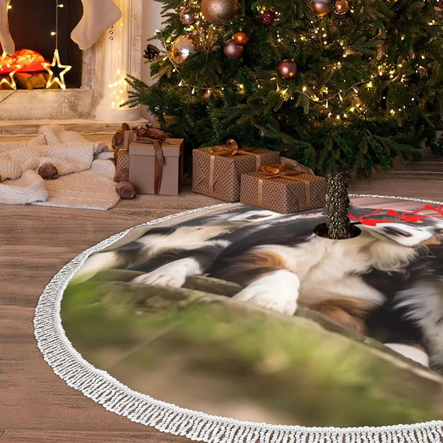 Christmas Tree Skirt with Tassel Cute Dogs Puppy Farm 30" Xmas Tree Skirts Tassel Tree Mat Ornament for Home Indoor Outdoor Room Holiday Decoration