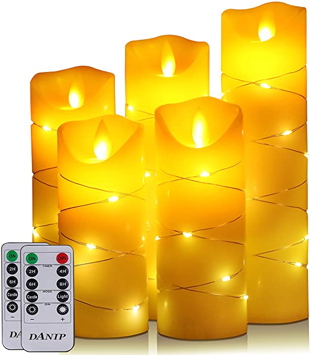 DANIP flameless Candle, with Embedded String Lights, 5-Piece LED Candles, with 10-Key Remote Control, 24-Hour Timer Function, Dancing Flame, Real Wax, Battery-Powered. (Ivory White)