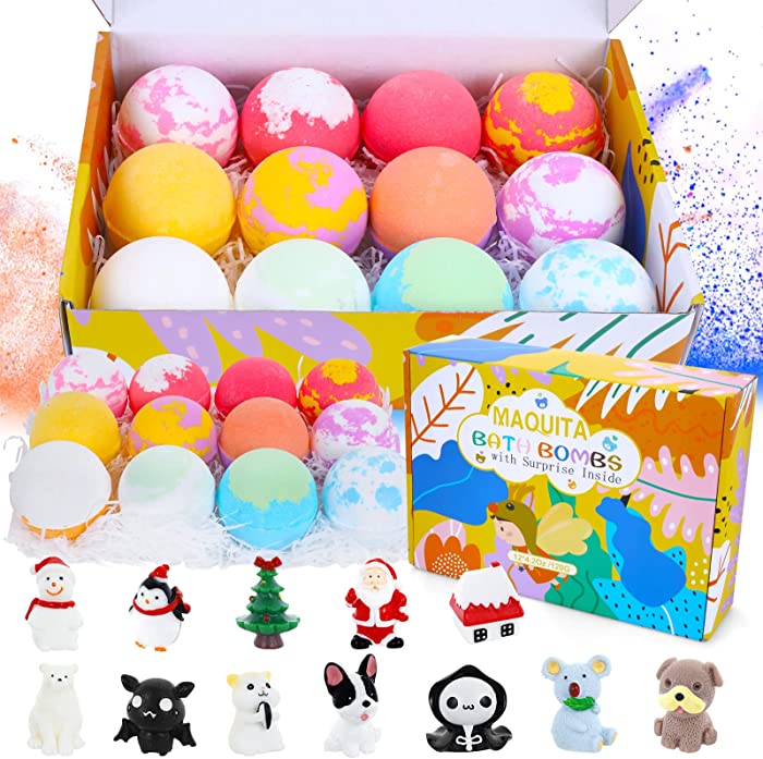 12 XL Bath Bombs with Surprise Inside Best Christmas Gifts Handmade Gift for Kids Women Birthday Mother Day,Rich in Pure Essential Oils,Coconut Oil,Coco Butter Dry Skin Moisturize Perfect for Spa Bath