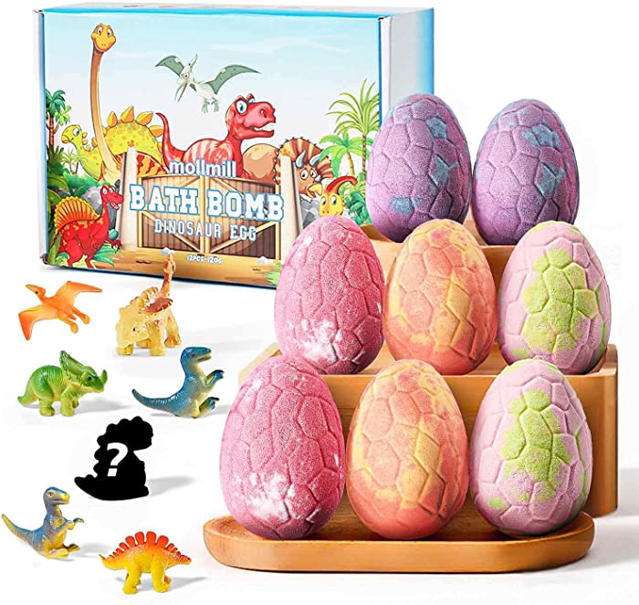 mollmill Dino Egg Bath Bombs for Kids - Large Easter Eggs Bubble Fizz with Surprise Inside - Dinosaur Toys Gift Set for Boys and Girls Ages 3 4 5 6 7 8 Years Old Safe - Educational Bath Toys Fun