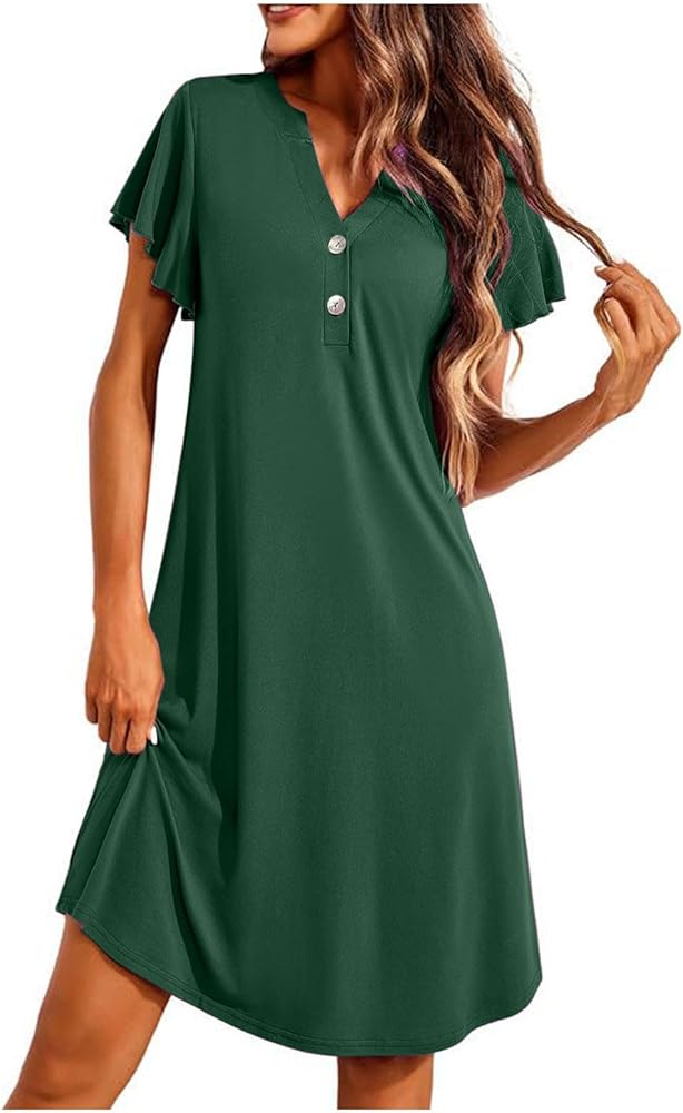 Womens Summer Wedding Guest Dresses Casual Ruffle Short Sleeve Flowy Dresses Button v Neck Trendy Clothes