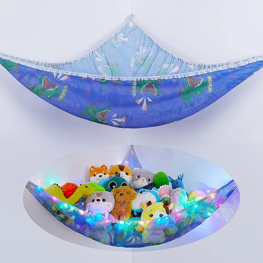 FIOBEE Stuffed Animals Hammock Toy Storage Organizer With LED Light Stuffed Animals Storage Net Dinosaur Boys Room Decor Wall Storage for Kids Bedroom