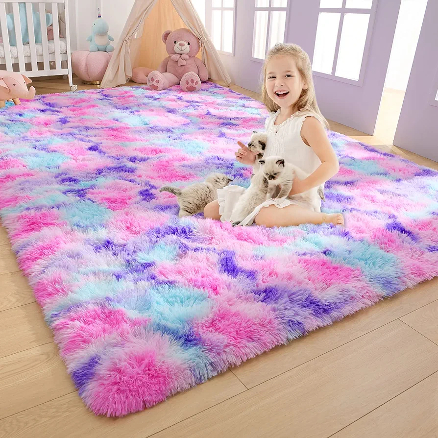 AROGAN Soft Rainbow Area Rugs for Girls Room 5x8 Feet, Fluffy Girls Bedroom Rugs, Princess Rug, Cute Colorful Carpet for Kids Teens Nursery Toddler, Hot Pink