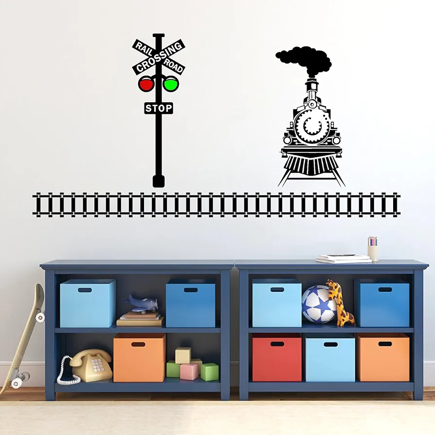 Large Train Wall Stickers Train Track Wall Decals Vinyl Traffic Light Rail Way Wall Decals Peel and Stick Path Road Wall Stickers for Kids Room Boys Bedroom Playroom Train Theme Wall Decor