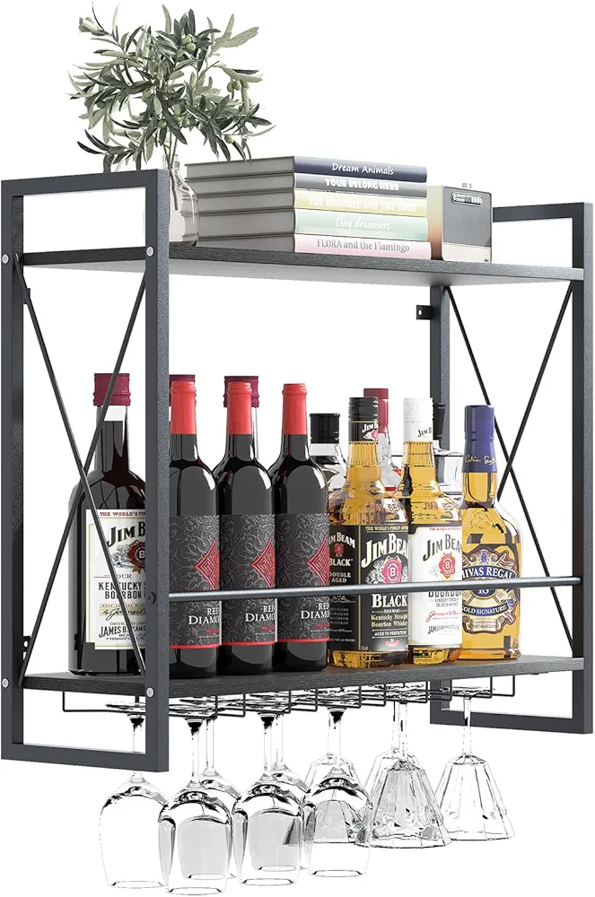 Dosker Wall Mounted Wine Rack 2 Tier Shelf with 5 Rows Wine Glass Hanging Rack Industrial Black Wood&Iron Frame for Dining Room,Wine Display Storage Rack for Home Bar Kitchen,Living Room Decor