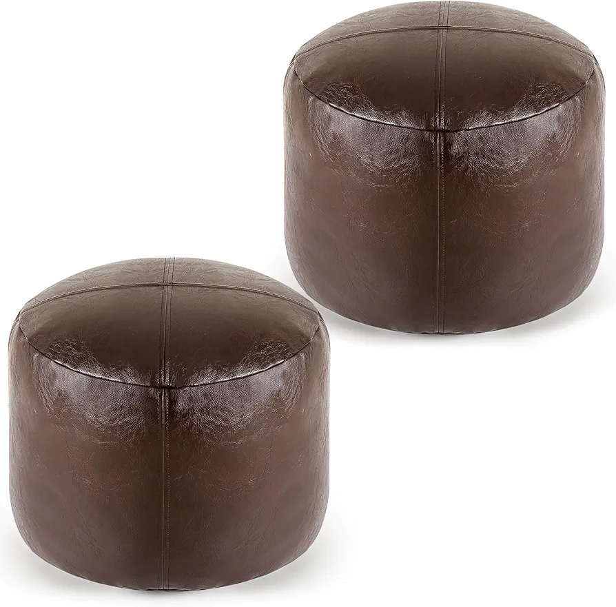 Unstuffed Pouf Ottoman Foot Rest set of 2 with Storage for Living Room - 18"x18"x14" Small Round Collapsible Pouf Cover, Handmade PU Leather Ottoman for Living Room Bedroom Patio Outdoor