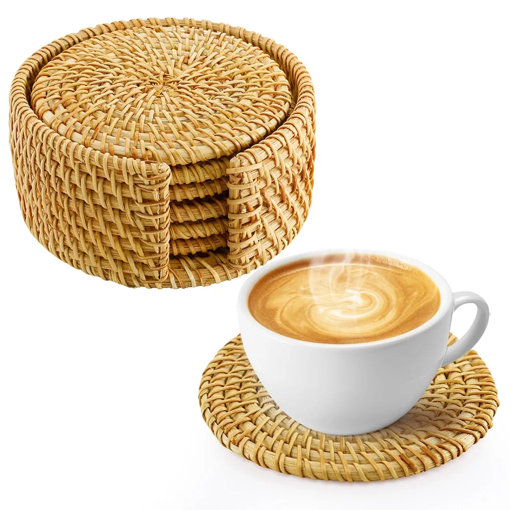 6pcs Handmade Rattan Coasters with Holder, Natural Wicker Boho Coasters Set, Heat-resistant Drink Coasters for Coffee Table Housewarming Gifts Hot Drinking Home Decor Protecting Table