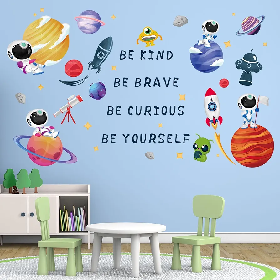 Outer Space Astronaut Wall Stickers - Be Kind Be Brave Inspirational Quotes Planets Rocket Boys Wall Decals - Baby Nursery Kids Room Daycare Wall Decor