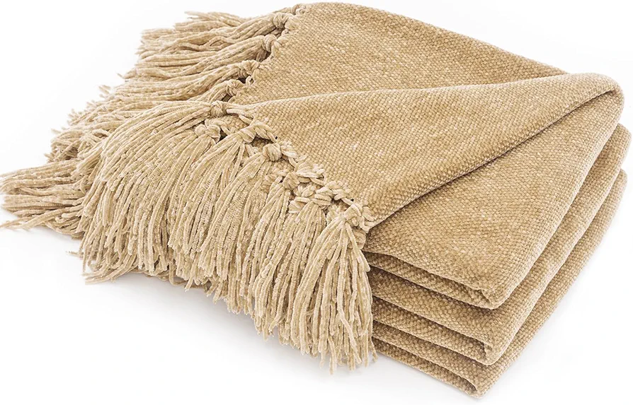 RECYCO Throw Blanket Soft Cozy Chenille Throw Blanket with Fringe Tassel for Couch Sofa Chair Bed Living Room Gift (Beige, 60" x 80")