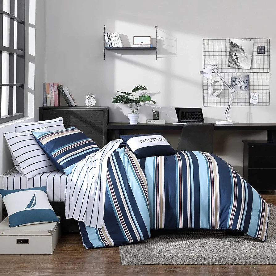 Nautica - Twin Comforter Set, Soft Bedding with Matching Sham & Bonus Throw Pillows, Striped Home Decor, Dorm Room Essentials (Colton Blue, Twin/Twin XL)