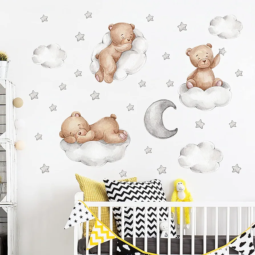 Cute Bear Sleeping on The Moon Cloud Wall Decals, Baby Nursey Wall Stickers, Removable Star DIY Wall Sticker, Vinyl Mural Decor Art for Kids Baby Nursery Room (gm-bear02)