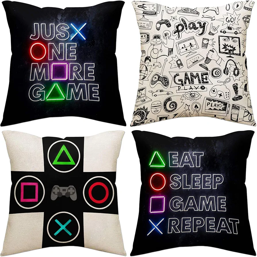 Just One More Game Square Throw Pillow Case Computer Games Doodles Cushion Cover for Game Boys Bedroom Playroom 18"x 18", 4 Pack