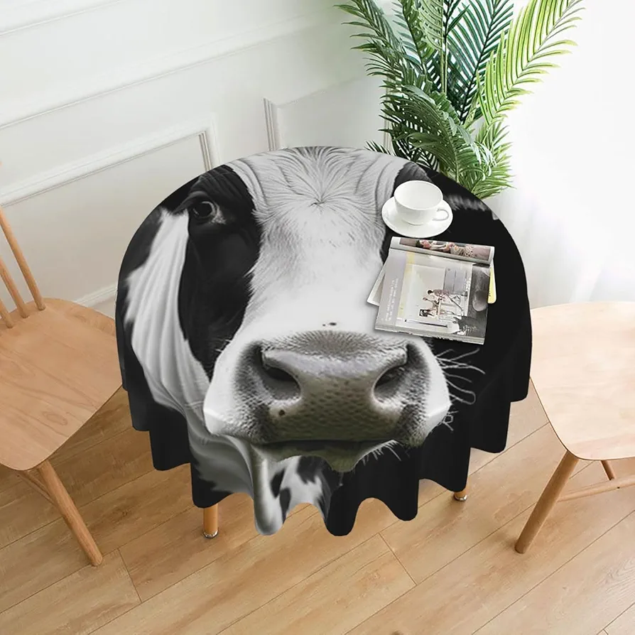 Animal Funny Cow Head Black White Print Tablecloth Waterproof Wrinkle Resistant Round Table Cover Washable Table Cloth for Indoor Outdoor Kitchen Dining Room Holiday Decorative 60 Inch