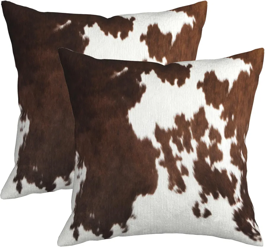 Western Cow Print Throw Pillows Cover Set of 2 Brown Cowhide Pillow Covers 18x18 inch Farmhouse Animal Skin Pillow Case Faux Fur Decorative Cushion Cover for Couch Bed Sofa Decor