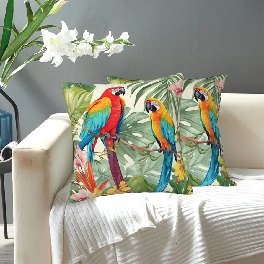 Throw Pillow Cover Tropical plants and parrots Decorative Pillowcase Modern Square Pillow Covers Soft Cozy Cushion Covers with Hidden Zipper Throw Cushion Case for Living Room Sofa Couch 16"x16"