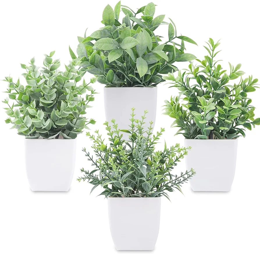 Der Rose 4 Packs Fake Plants Mini Artificial Greenery Potted Plants for Home Decor Indoor Office Table Room Farmhouse