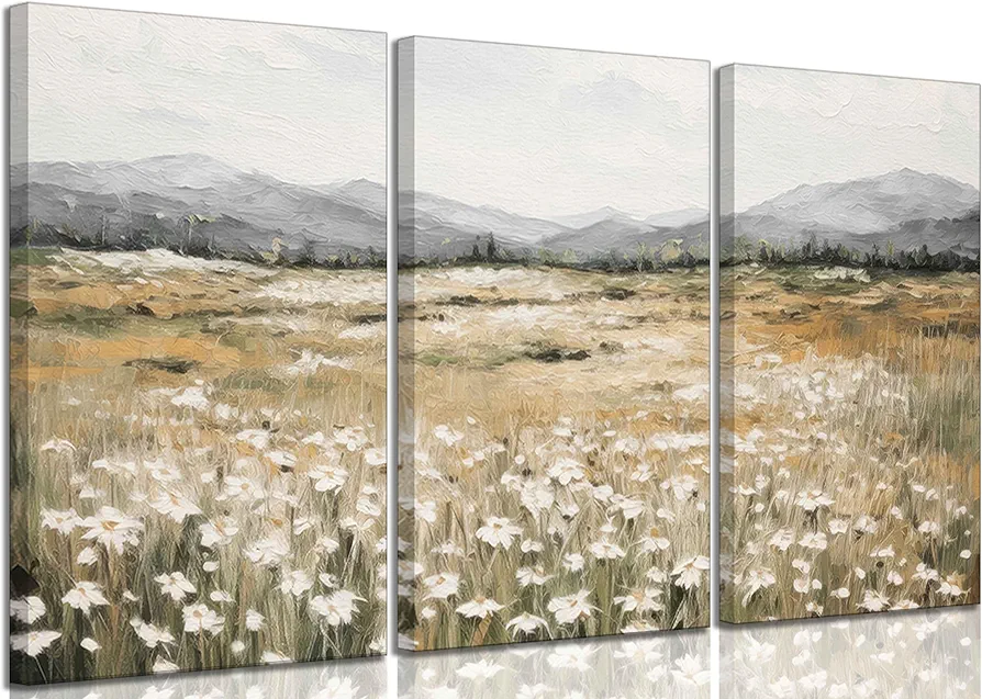 3 Pcs Framed Vintage Country Farmhouse Canvas Wall art Neutral Rustic Wildflower Field Landscape Painting Pictures Wall Decor Posters Print Artwork for Office Living Room Bathroom Home Decoration