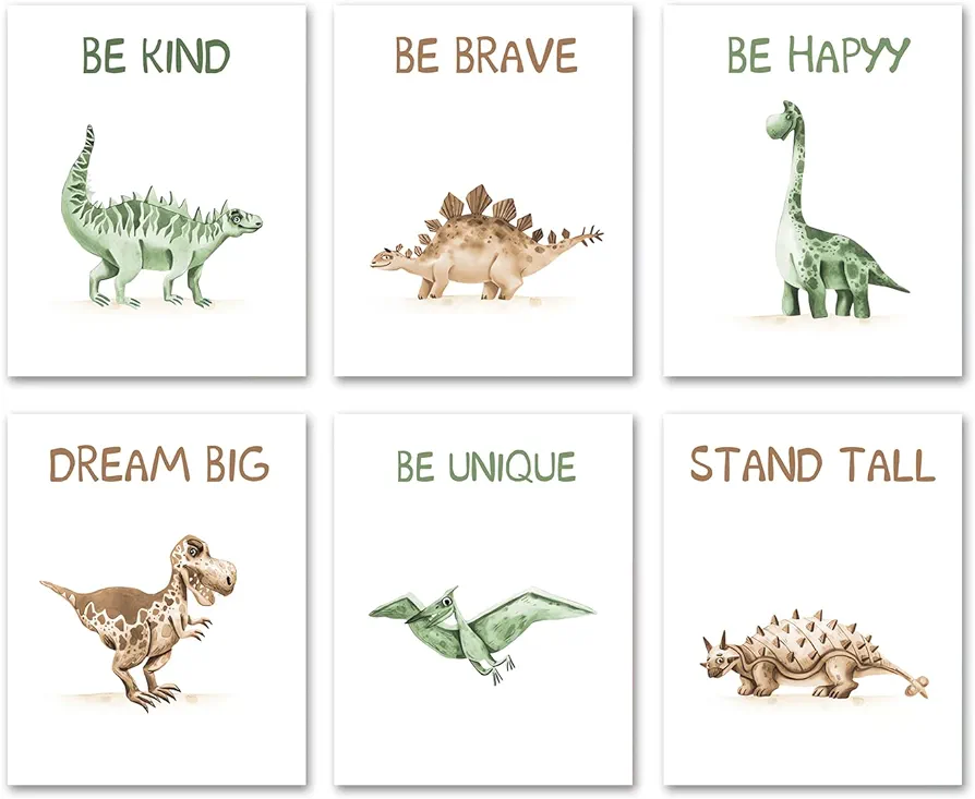 NIIORE Dinosaur Wall Art Prints, Watercolor Dinosaur Motivational Wall Art, for Nursery Boys Room Baby Room Decoration, Inspirational Poster for Children, Set of 6 - (8"x10" Unframed)