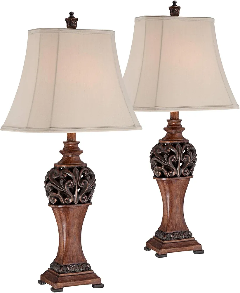 Regency Hill Exeter Traditional Style Table Lamps 30" Tall Full Size Set of 2 Bronze Wood Carved Leaf Creme Rectangular Bell Shade Decor for Living Room Bedroom House Bedside Nightstand Office