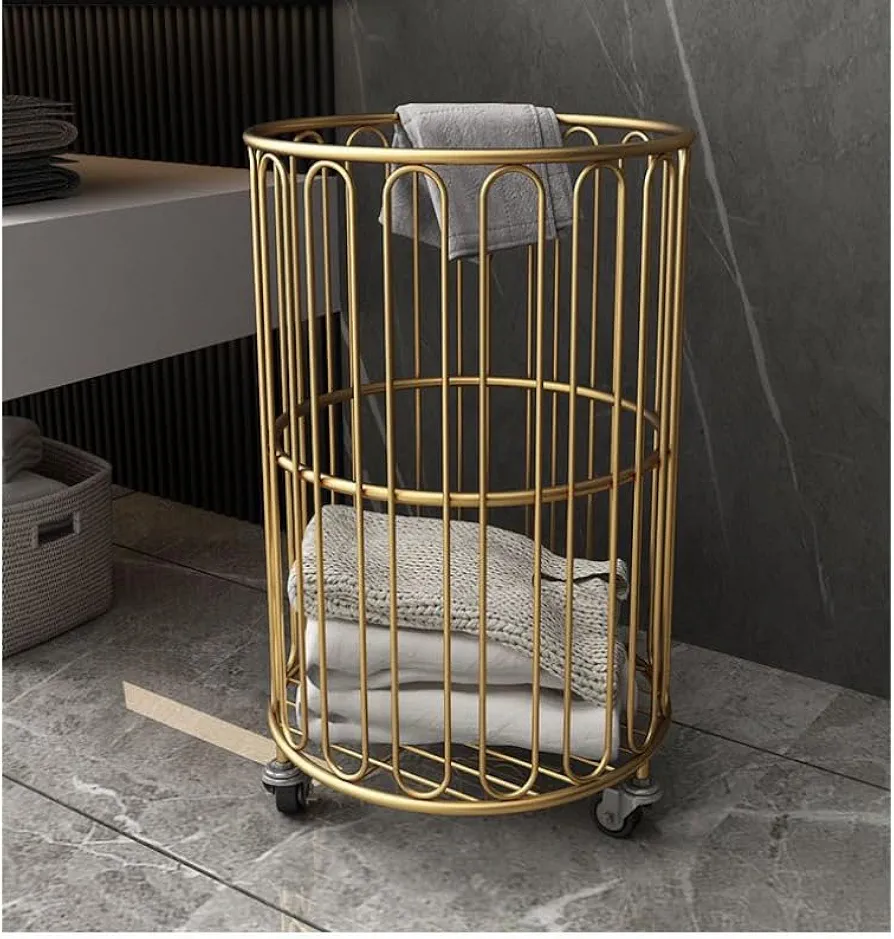 Rolling Hamper with Wheels, 360° Laundry Hamper with Wheels, Metal Laundry Basket, for Living Room, Bathroom, Closet or Bedroom (Color : Gold)