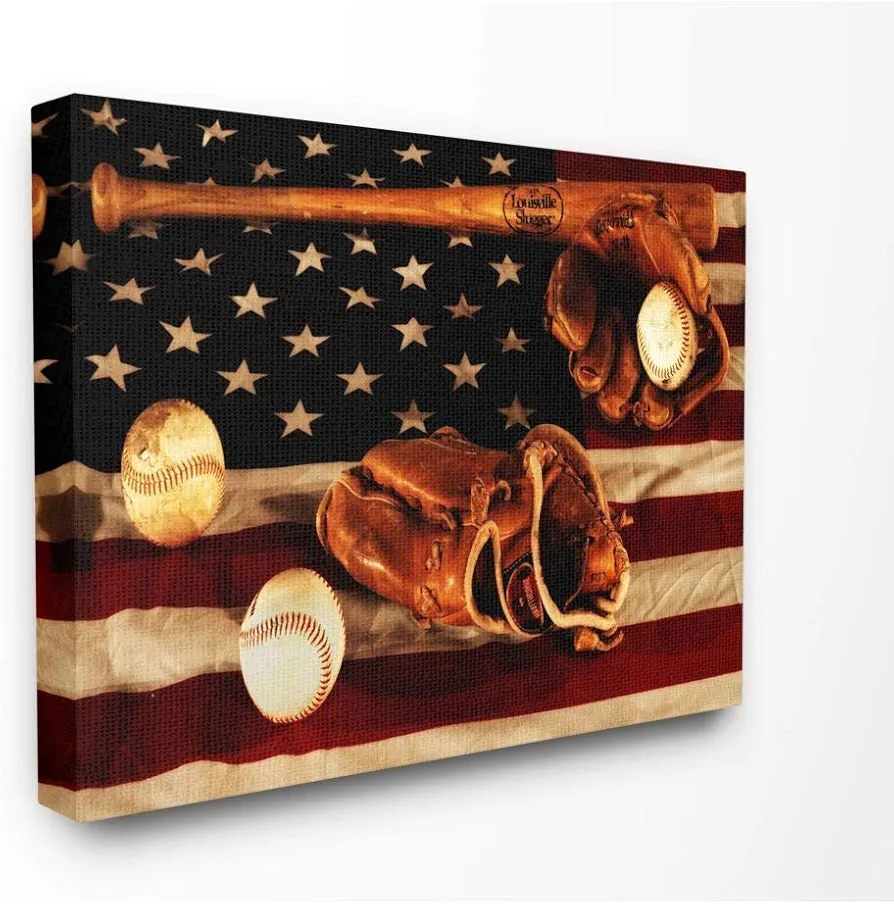 Stupell Industries Vintage American Flag Baseball Sports Rustic Photo Wall Art, 16x20, Gallery Wrapped Canvas