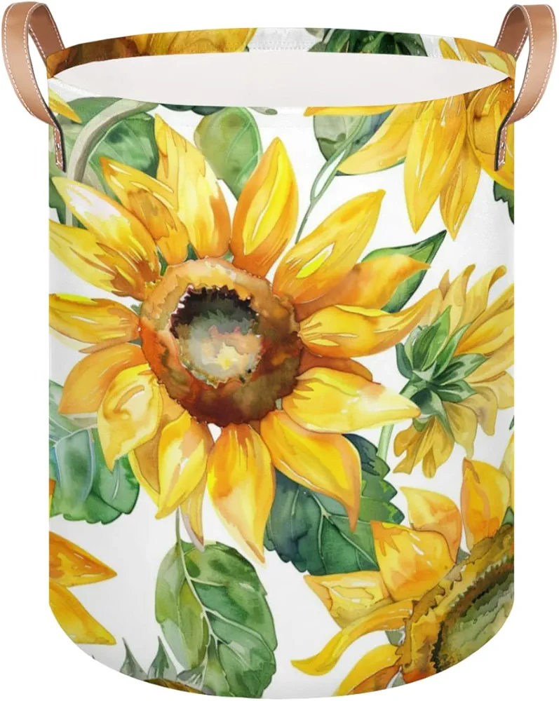 Laundry Basket with Handles, Collapsible Laundry Hamper, Sunflower Waterproof Round Storage Basket for Blanket Towels, Dirty Clothes in Living Room, Bathroom, Watercolor Flowers