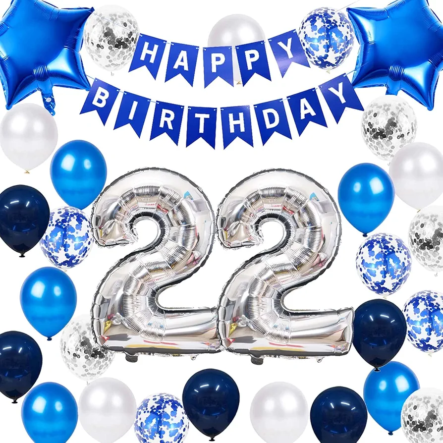 22nd Birthday Party Decoration Blue for Him, Happy Birthday Banner Blue Number 22 Birthday Star Foil Balloons Latex Confetti Balloons for Men Him Boyfriend 22 Years Old Birthday Supplies(22nd)