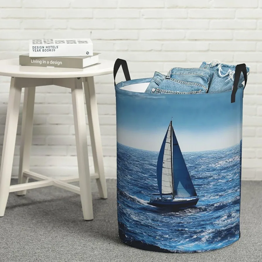 Laundry Basket Waterproof Laundry Hamper With Handles Dirty Clothes Organizer Blue Sea Sailboat Print Protable Foldable Storage Bin Bag For Living Room Bedroom Playroom, Medium, Black