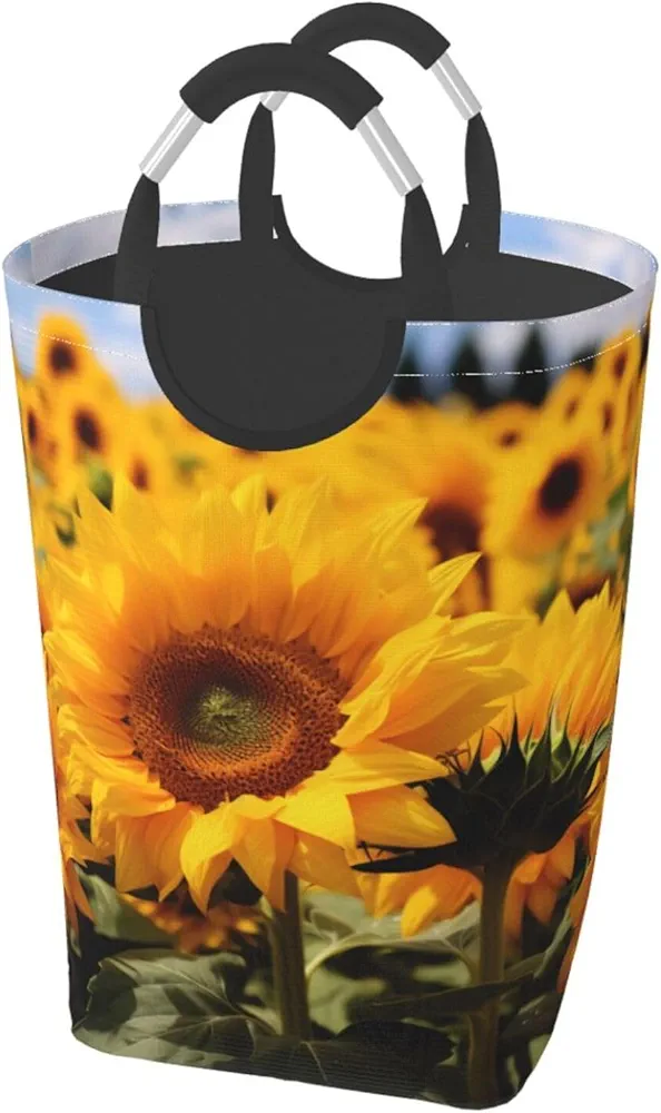 Laundry Basket Collapsible Clothes Hamper for Dirty Clothes, Laundry Bag with Handles Blanket Toys Storage Blanket, Dorm Room Essentials Accessories - Yellow Sunflower Field, Black