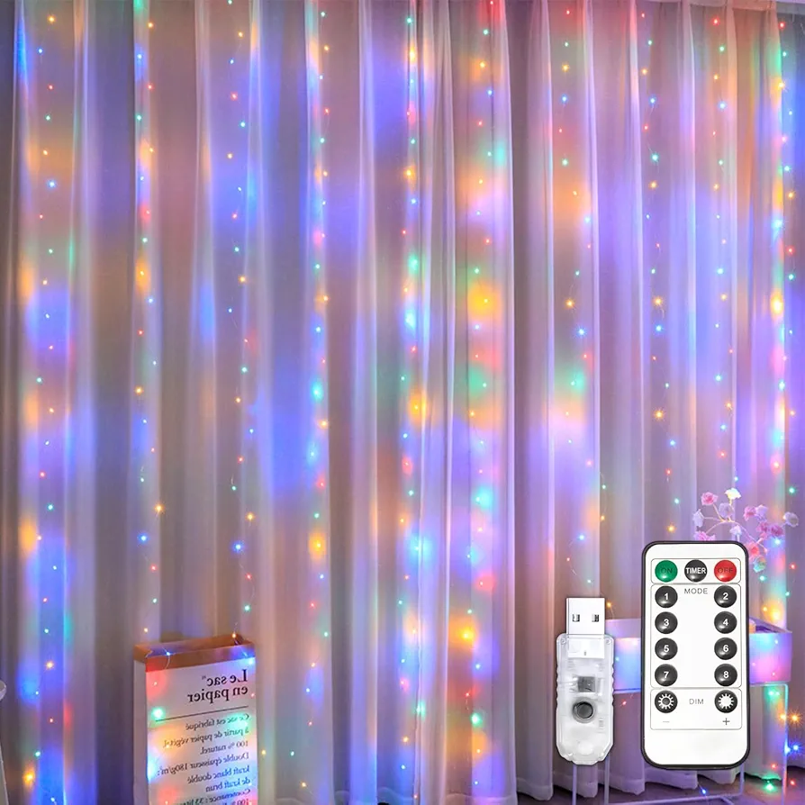 hyrion RGB Curtain Light for Bedroom 300 led 9.8ftx9.8ft Curtain String Light 8 Modes Remote Control USB Powered Christmas Window Fairy Light for Bedroom,Party,Wedding,Outdoor,Indoor wall Decorations