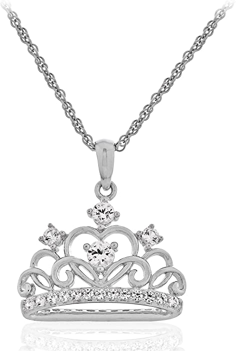 925 Sterling Silver Heart Filigree Tiara Pendant Necklace on 18" Rope Chain