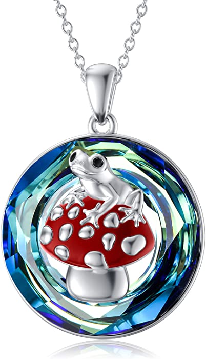 PEIMKO Frog Gifts 925 Sterling Silver Frog Pendant Necklace for Women, Frog Mushroom Jewelry With Crystal Birthday Gifts for Girls