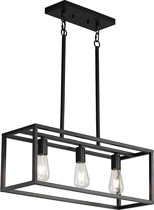 Black Kitchen Island Lighting, Modern Linear Cage Retangular Chandelier, 3 Lights Industrial Metal Hanging Light Fixture for Farmhouse Kitchen Dining Room Bar Foyer