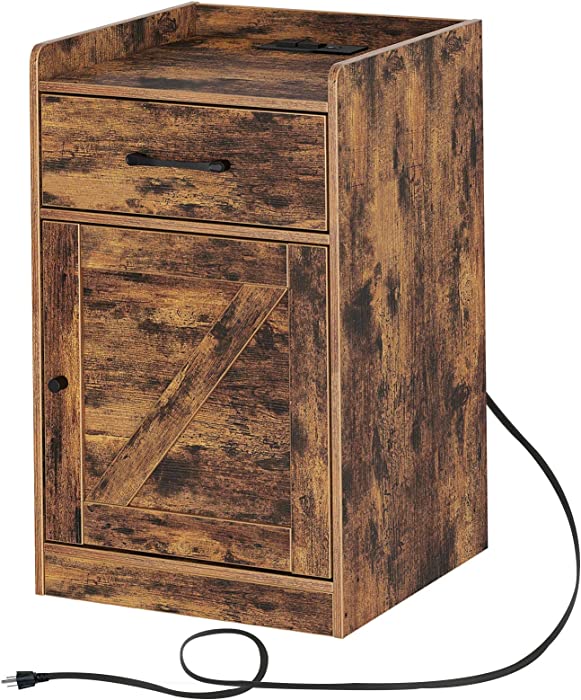 Rolanstar Nightstand with Charging Station, Farmhouse End Side Table with Storage Drawer and Cabinet for Bedroom, Rustic Brown