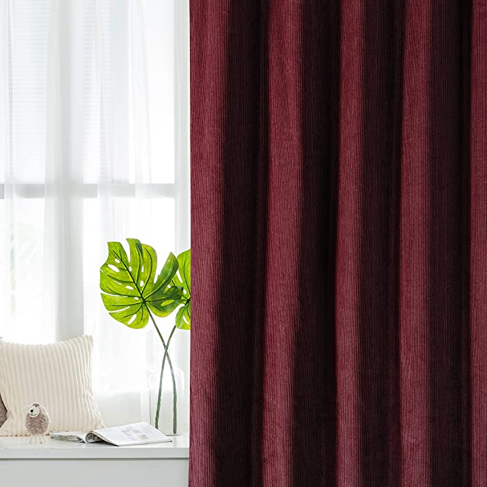 Cotton Velvet Window Curtains - Corduroy Heavy Drapes Room Darkening Mid Century Modern Style 100% Cotton Set of 2 Window Panels Pair Drapery Extra Long (Burgundy Wine, 52Wx84L)