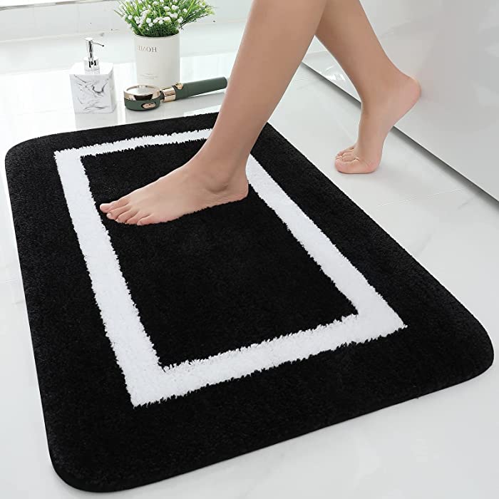 Kitinjoy Luxury Bathroom Rug Mat, Super Soft Water Absorbent Microfiber Bath Rug, Non Slip Plush Shaggy Bath Carpet, Machine Wash Dry, Bath Mats for Bathroom, Tub and Shower, 16 x 24, Black and White