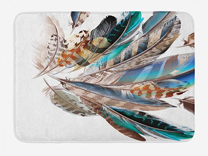 Ambesonne Feathers Bath Mat, Vaned Types and Natal Contour Flight Bird Feathers and Animal Skin Element Print, Plush Bathroom Decor Mat with Non Slip Backing, 29.5" X 17.5", Teal Brown