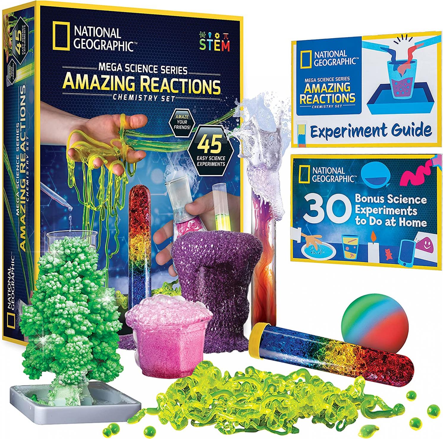 NATIONAL GEOGRAPHIC Amazing Chemistry Set - Mega Chemistry Kit with Over 15 Science Experiments, Make Glowing Worms, a Crystal Tree, Fizzy Solutions, and More, Great STEM Gift for Girls and Boys