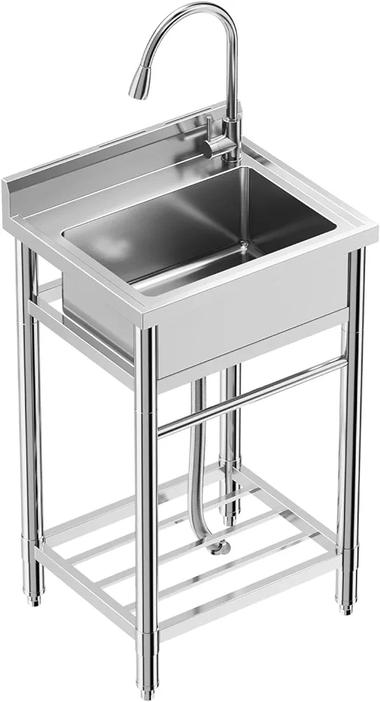 Free Standing Commercial Restaurant Kitchen Sink, Stainless Steel Sink with Hot & Cold Hoses, NSF Certificated, Utility Sink with Storage Shelve & Faucet for Laundry Room, Backyard, Garage (24 Inch)