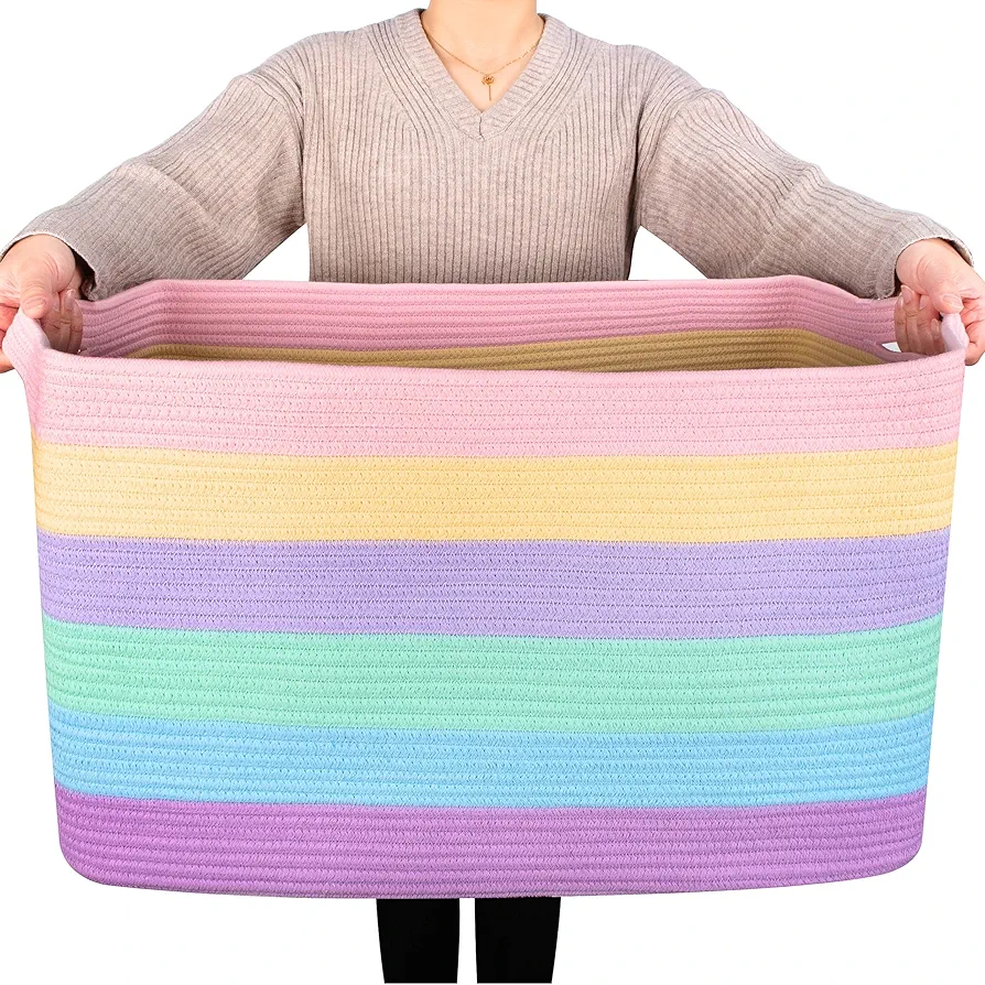 MINTWOOD Design Extra Large Blanket Basket Holder Living Room, Towel Shoe Basket, Laundry Basket, Rectangle Rope Woven Storage Baskets with Handles, Dog Toy Basket Organizer Bin Box, Pastel Rainbow