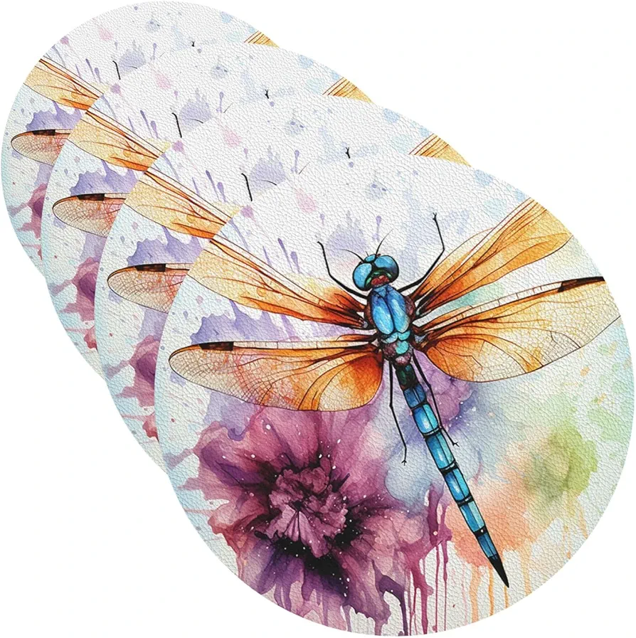 Drink Coasters with Holder Dragonfly Watercolor Painting Leather Coasters Round Coaster for Drinks Tabletop Protection Cup Mat Decorate Cup pad for Coffee Table Kitchen Dining Room Bar Decor