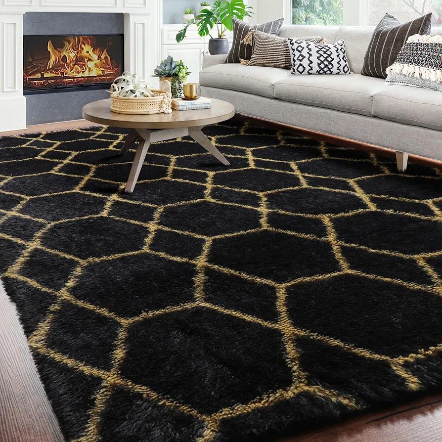 Geometric Fluffy Area Rug for Living Room Bedroom, 6x9 Black and Gold Rug, Modern Shag Plush Rugs for Classroom, Apartment, Office, Home Decor, Large Cool Moroccan Rug, Thick Furry Carpet