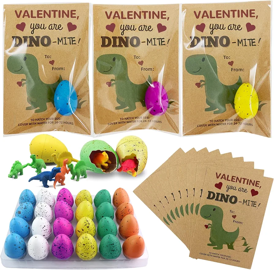 Valentines Day Gifts for Kids - 24 Pack Dinosaur Egg Hatching Card Bulk - Funny Dino Valentine Exchange Cards for Boys Girls Toddler School Class Classroom Party Favors