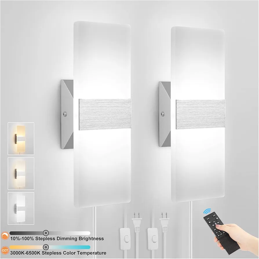 Plug in Wall Sconces with Stepless Adjustable 3000K-6500K Colors and 10%-100% Brightness, Sconces Wall Lighting with Remote Control 12W Acrylic LED Wall Lamp with 6FT Plug in Cord, 2 Pack