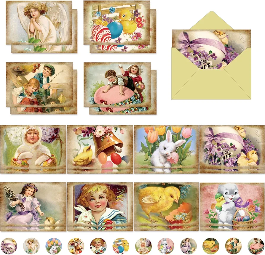 24 Set Vintage Easter Greeting Cards with Envelopes and Stickers Retro Bunny Chicks Note Cards Assorted Blank Easter Party Supplies Funny Easter Cards for Easter Party School Classroom Office Business