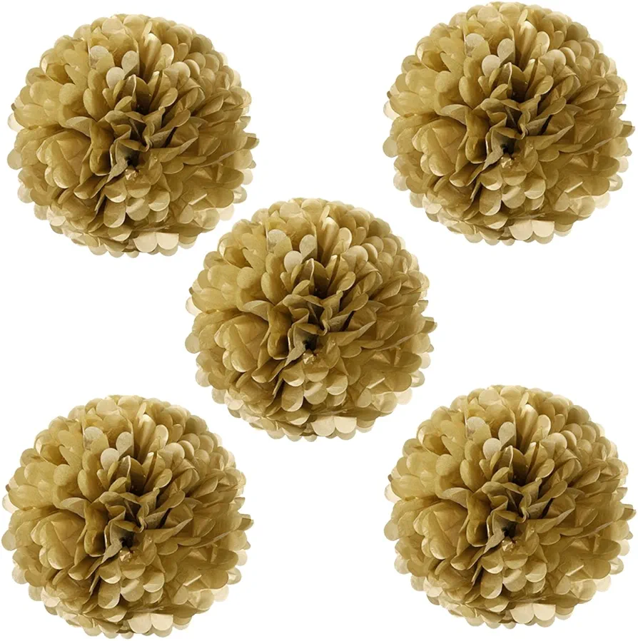 Wrapables 8" Set of 5 Tissue Pom Poms Party Decorations for Weddings, Birthday Parties Baby Showers and Nursery Décor, Gold Metallic